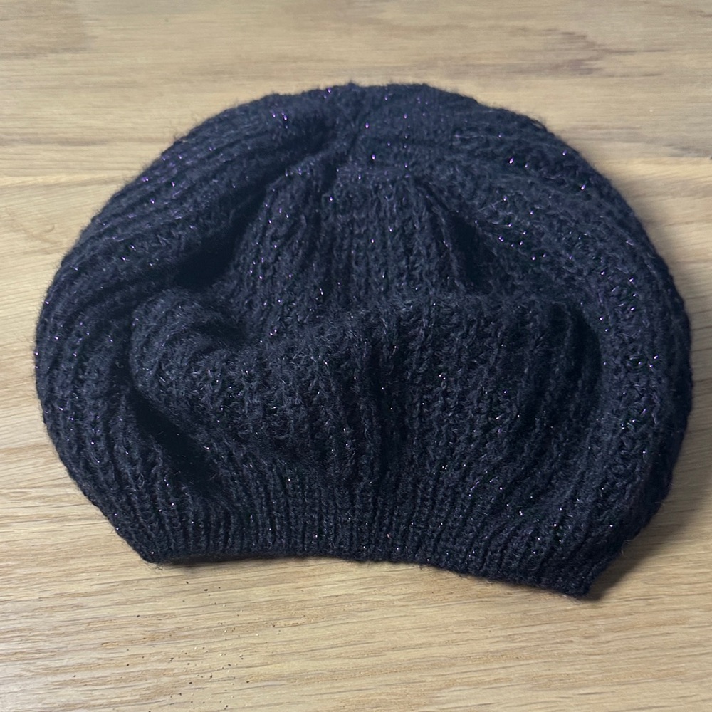 Black Knit Beret with purple shimmer
